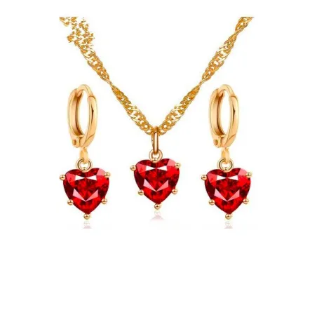 Collana d'oro e orecchini set con cuore rosso