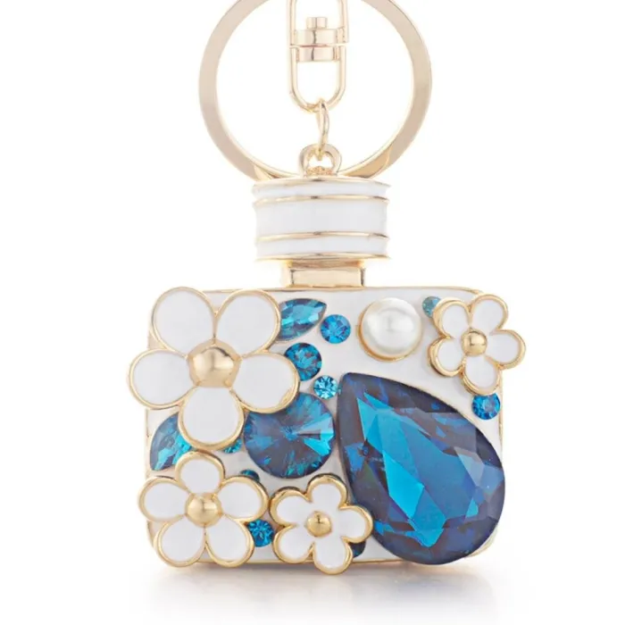 Perfume bottle with crystals and flowers - keychain