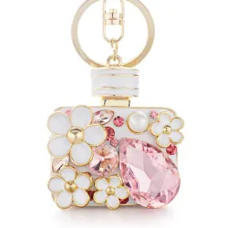 Perfume bottle with crystals and flowers - keychain