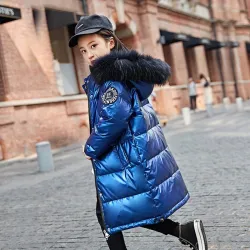 Lång - varm vinterjacka med pälshuva - för flickor