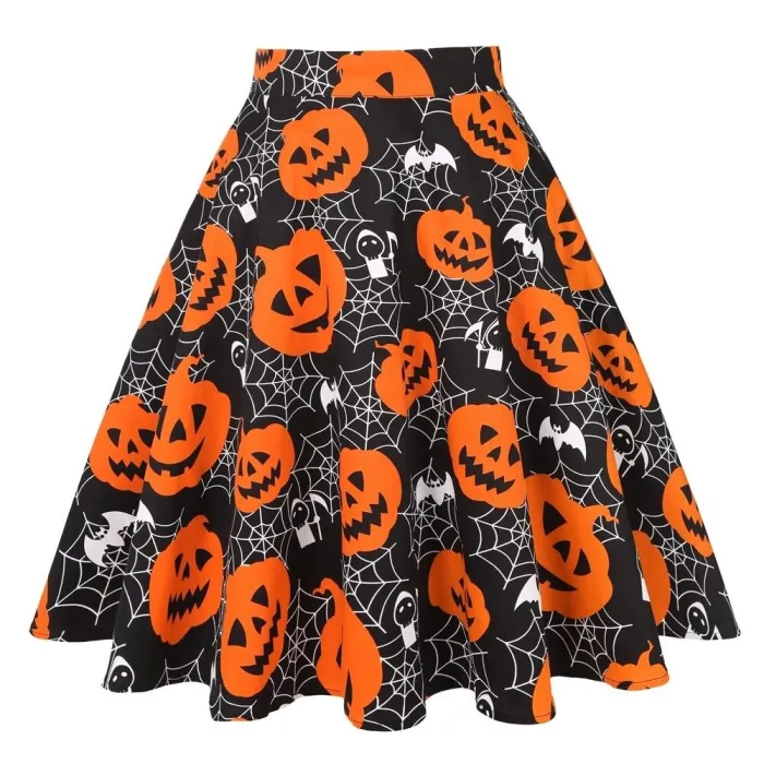 Vintage - korkea hame - kukat ja Halloween-print - pääkallot - puuvilla