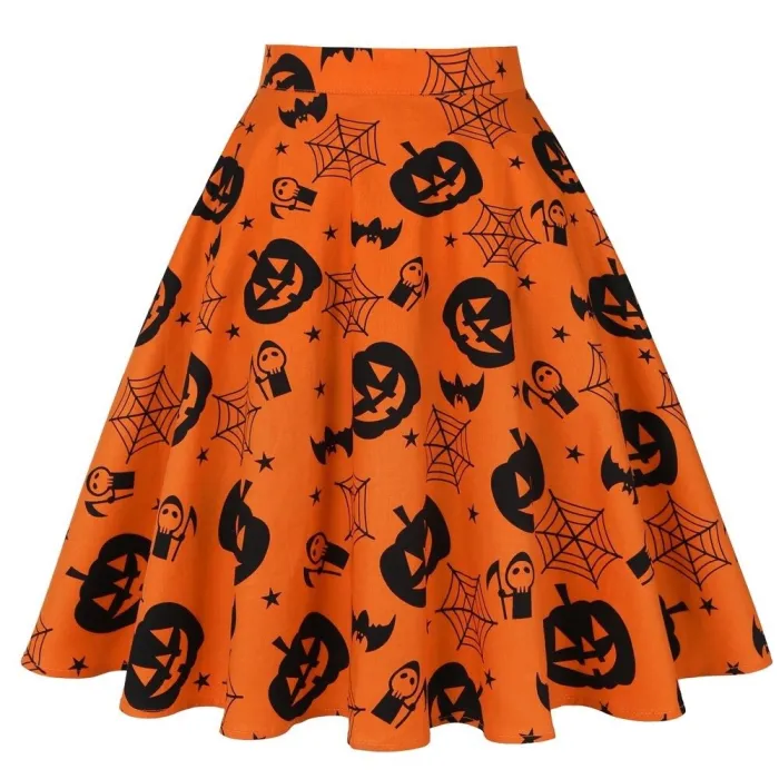 Vintage - high waisted skirt - flowers & Halloween print - skulls - cottonDresses