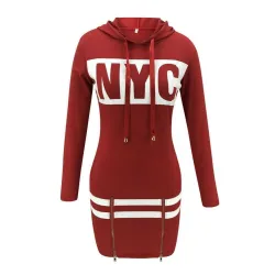 Gedruckte NYC Buchstaben - lange Ärmel Minikleid - Hoodie