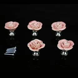 Rose shaped furniture handles - ceramic - 5 pieces