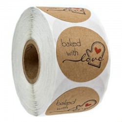 BAKED CON LOVE - adesivi kraft naturali rotondi - 100 - 500 pezzi