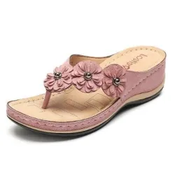 Sandales d'été avec des fleurs décoratives - style ethnique flip flops