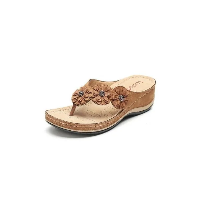 Sandales d'été avec des fleurs décoratives - style ethnique flip flops