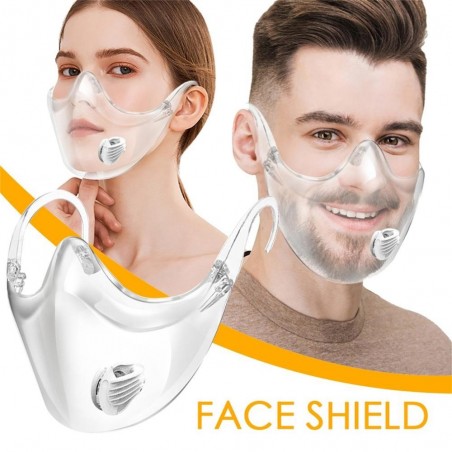 Protetor transparente boca / máscara facial - escudo plástico com válvula de ar - reutilizável