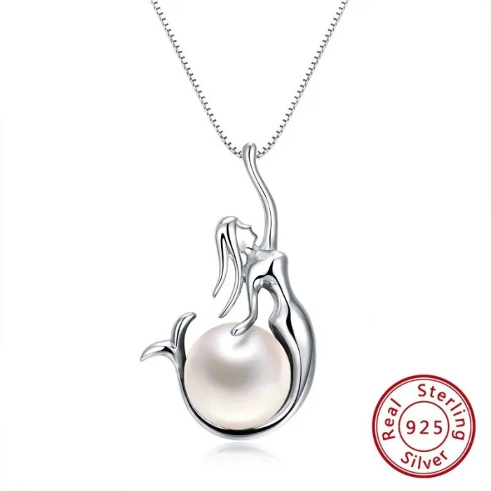 Pendant with mermaid & pearl - necklace - 925 sterling silver