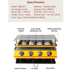 BBQ-grill - buitenoven - roestvrij staal en glas - LPG 4-pits gasBarbecue - BBQ