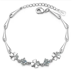 Elegant bracelet with four leaf clover & crystals - 925 sterling silver
