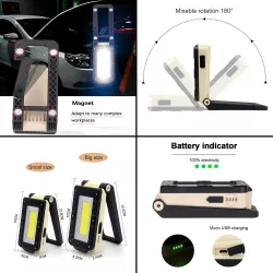Lampe de travail multifonctionnel COB - USB - rechargeable - 180 degrés réglable - magnétoscope
