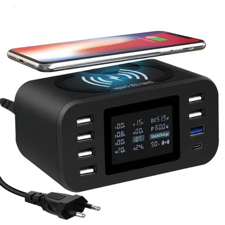 Carregador sem fio Qi - carga rápida 3.0 - 60W - 8-ports USB - estação de carregamento