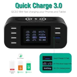 Caricabatterie wireless Qi - carica rapida 3.0 - 60W - 8 porte USB - stazione di ricarica