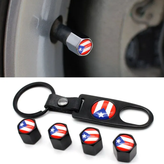 4Pcs - drapeau puerto rico - bouchons de valve - 1Pcs clé en cuir