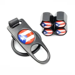 4Pcs - drapeau puerto rico - bouchons de valve - 1Pcs clé en cuir