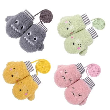 Kids warm plush gloves - one finger - with rope - animals design