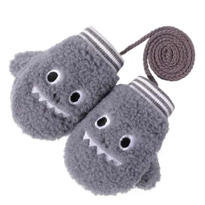 Kids warm plush gloves - one finger - with rope - animals design