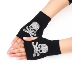 Knitted gloves - fingerless - rivets - diamonds - skull