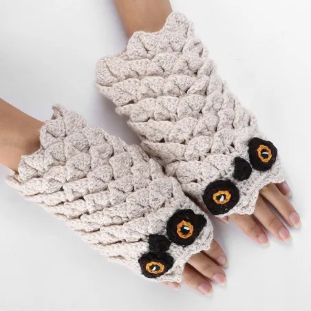 Warm knitted gloves - fingerless - owl designGloves