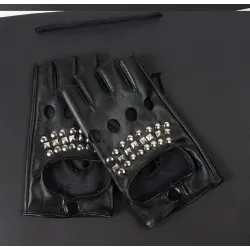 Luvas de couro - meio dedo design - com rebites - unisex