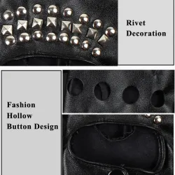 Luvas de couro - meio dedo design - com rebites - unisex
