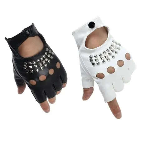 Luvas de couro - meio dedo design - com rebites - unisex