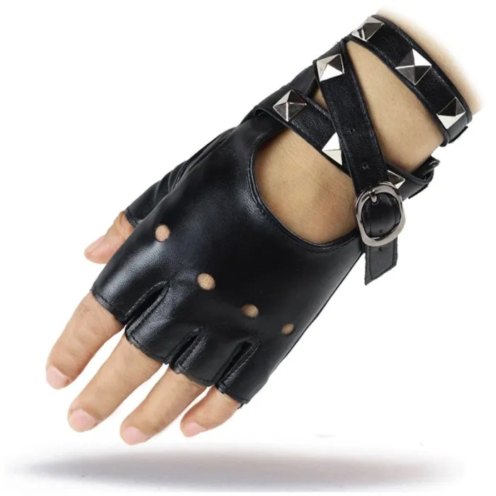Gants en cuir à moitié doigt - avec rivets & boucle - Rock / Punk style
