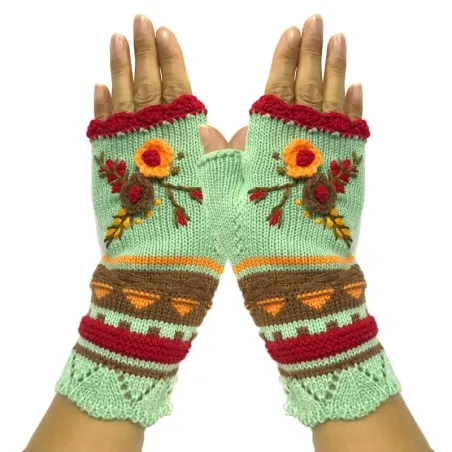 Gestrickte Winterhandschuhe - Halbfinger-Design - mit blumiger Stickerei