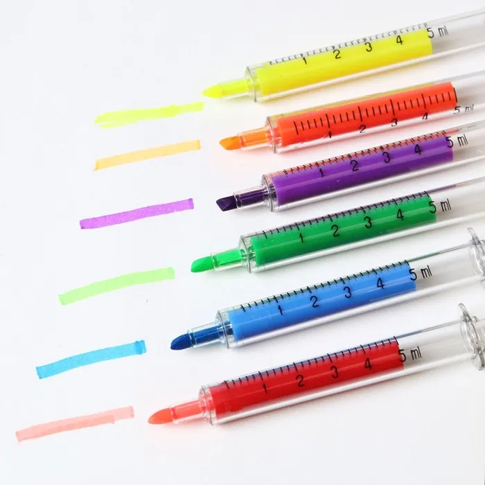 Needle / syringe shaped pens - highlighters - markers - 6 pieces