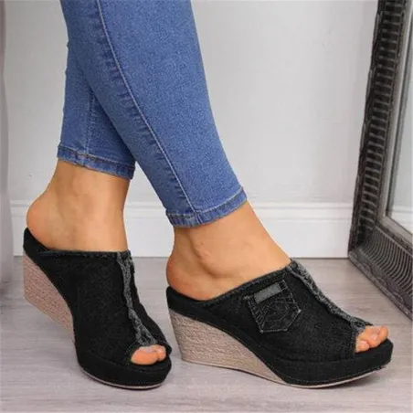 High Heels - Denim Slippers - Noir - Bleu