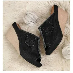 High Heels - Denim Slippers - Black