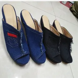 High Heels - Denim Pantoffeln - Schwarz - Blau