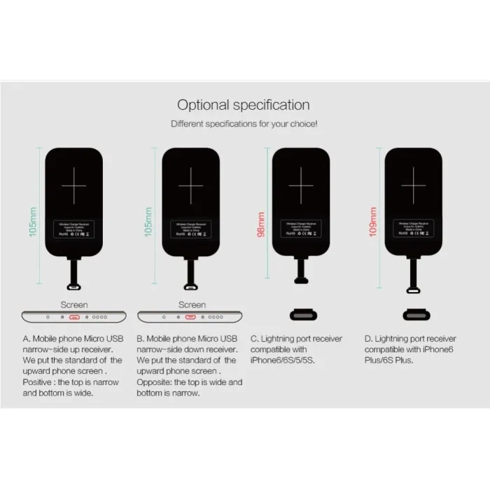 Trådlös laddningsmottagare - Micro USB / Typ C Adapter iPhone 5S/SE/6/6S