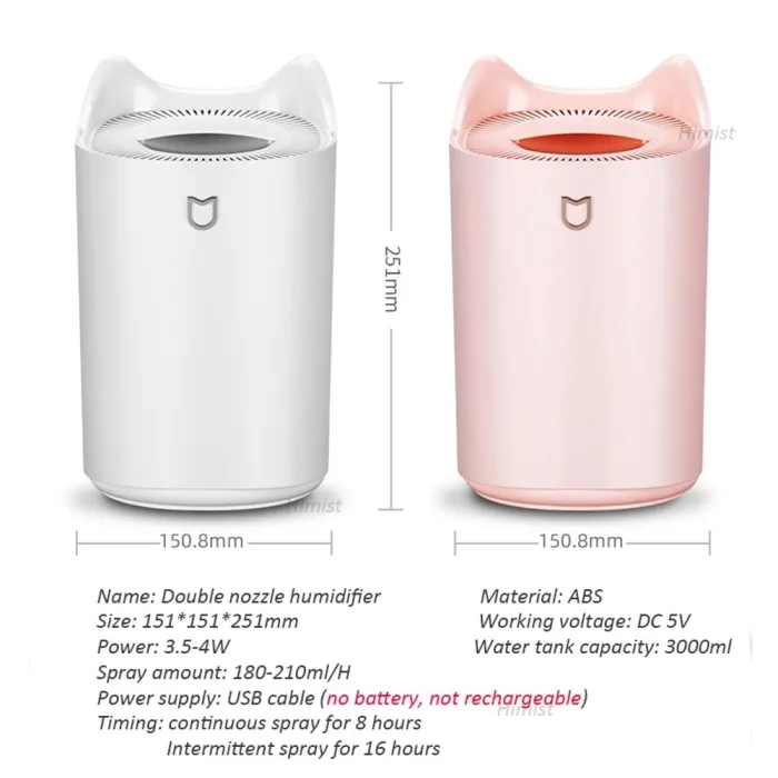 HumidificadoresHumidificador de aire - 3000ML - Doble boquilla - Cool Mist - LED colorido