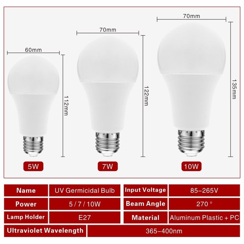 E27 - 5W - 7W - 10W - ampoule ultraviolet - LED - lampe germicide - stérilisateur - désinfection - éliminateur mite