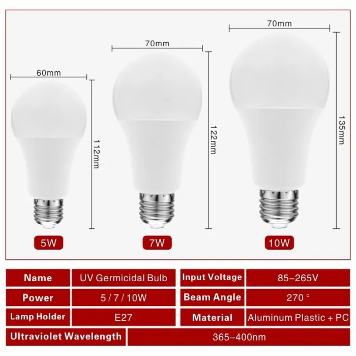 E27 - 5W - 7W - 10W - ultraviolett lampa - LED - germidig lampa - sterilizer - desinfektion - mite eliminator