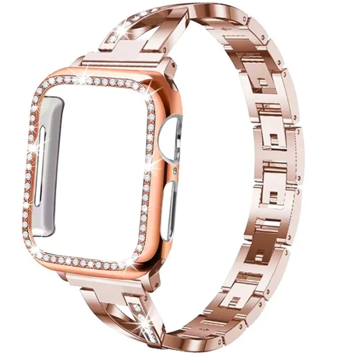 Ruostumaton teräshihna ja suojaava tapaus kiteillä Apple Watch 5/4/3/2/1