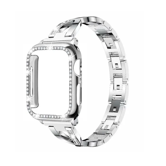 Pulseira de aço inoxidável e caixa de proteção com cristais para Apple Watch 5/4/3/1