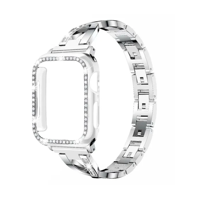 Stainless steel strap & protective case with crystals for Apple Watch 5/4/3/2/1