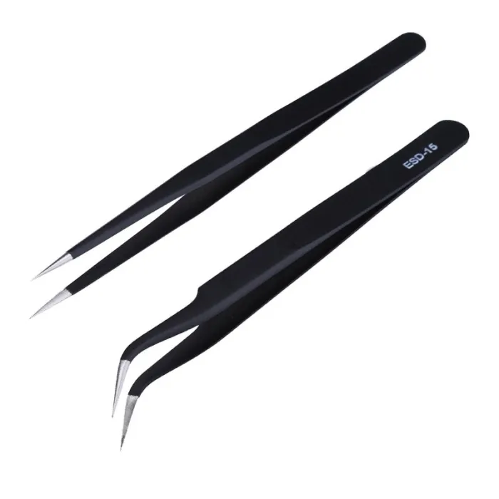 Anti-static tweezers - stainless steel - electronics repair tool - 2 pieces