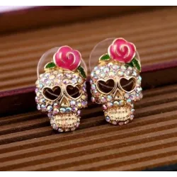 AretesCalavera de cristal con rosa - pequeños pendientes