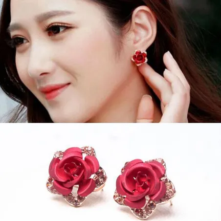 Cristaux & rose rouge - petites boucles d'oreilles