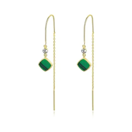 Gold plated long earrings - square emerald - 925 sterling silver