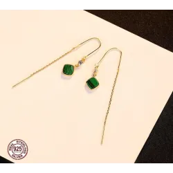 Boucles d'oreilles longues plaqué or - émeraude carré - 925 argent sterling