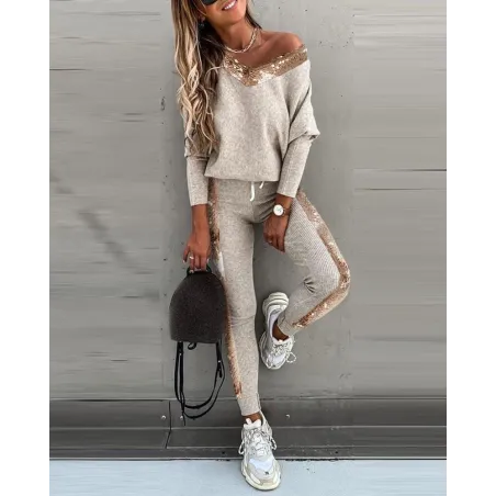 Combinaison à la mode avec paillettes - set avec haut à manches longues & pantalon