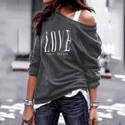 Sexig topp - lösa off-shoulders - lång ärm t-shirt - LOVE print