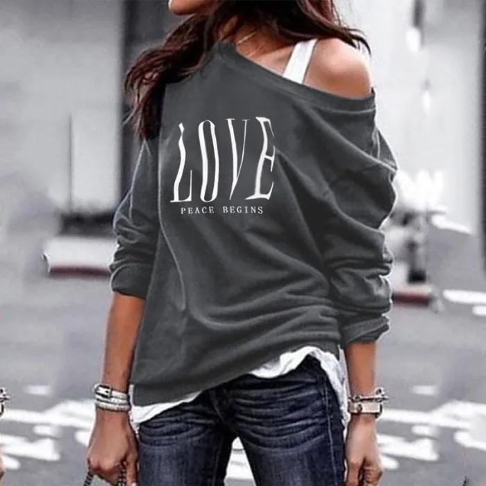 Sexig topp - lösa off-shoulders - lång ärm t-shirt - LOVE print