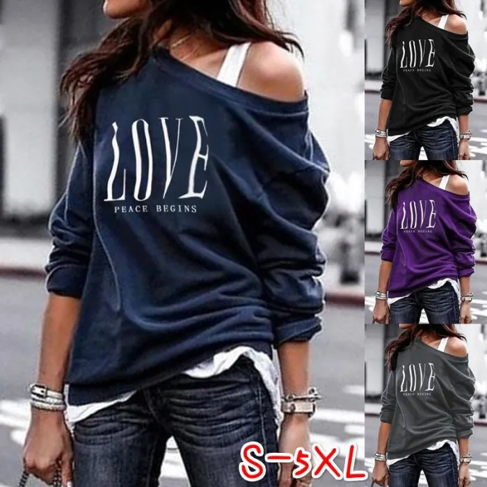 Sexy top - löysät off-shoulderit - pitkähihainen t-paita - Love print
