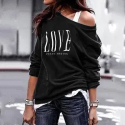 Sexy top - löysät off-shoulderit - pitkähihainen t-paita - Love print